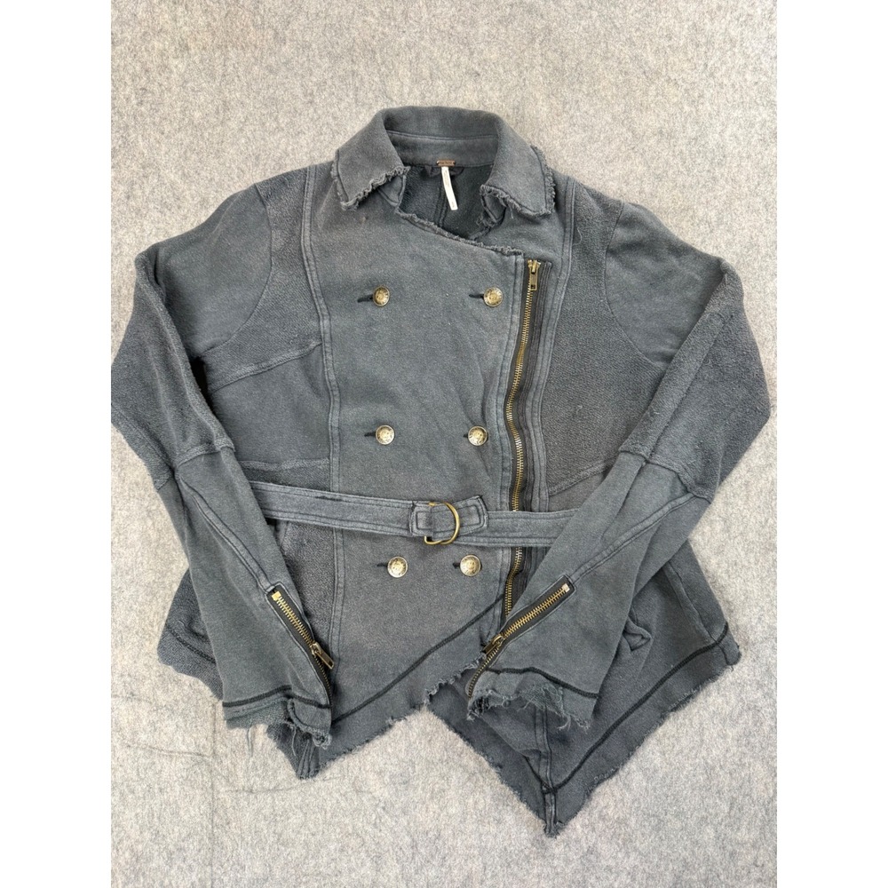 Free People Moto Jacket Women Small Gray Cotton Fleece Belt Asymmetric Boho Y2K